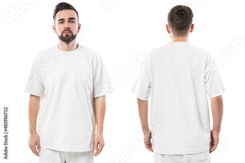 Handsome man wearing white t-shirt with a blank space for design on white background