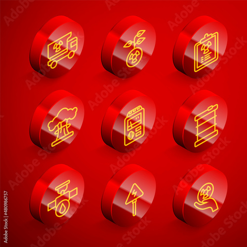 Set line Truck with radiation materials, Radioactive, Radiation warning document, Nuclear explosion, Dosimeter, waste barrel, Industry pipe and valve and High voltage sign icon. Vector