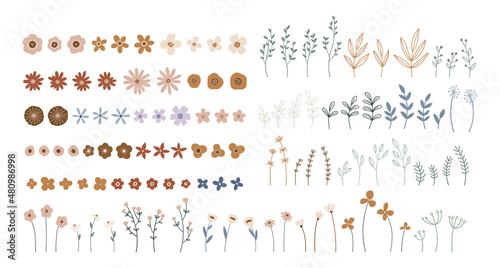 Big collection with blooming flowers, branches and leaves in flat style isolated on white. Botanical set for prints, cards and posters. Charming floral elements. Hand drawn cute vector illustration