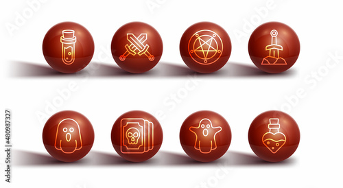 Set line Bottle with potion, Ghost, Sword in the stone, Tarot cards, Crossed medieval sword, and Pentagram circle icon. Vector