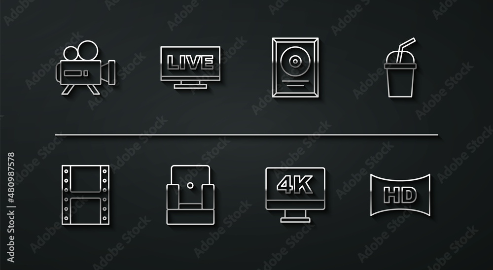Set line Retro cinema camera, Play video, Paper glass with water, Screen tv 4k, Cinema chair, Live stream, Hd movie, tape, frame and CD disk award icon. Vector Set line Retro cinema camera, Play video, Paper glass with water, Screen tv 4k, Cinema chair, Live stream, Hd movie, tape, frame and CD disk award icon. Vector