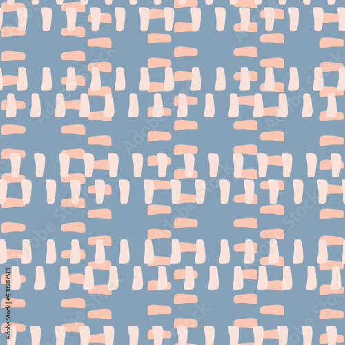 Retro abstract grid mosaic vector seamless pattern. Blended abstract geo weave background. Modern style. Tiled loose color block geometric woven design. Pastel blue pink faux waffle effect for baby