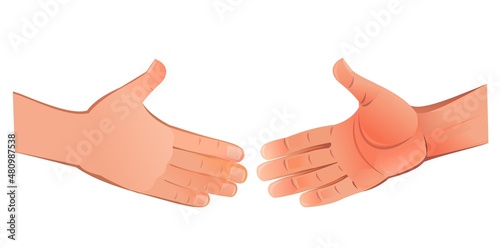 Hands reach out to each other for handshake. Object isolated on white background. Funny cartoon style. Vector
