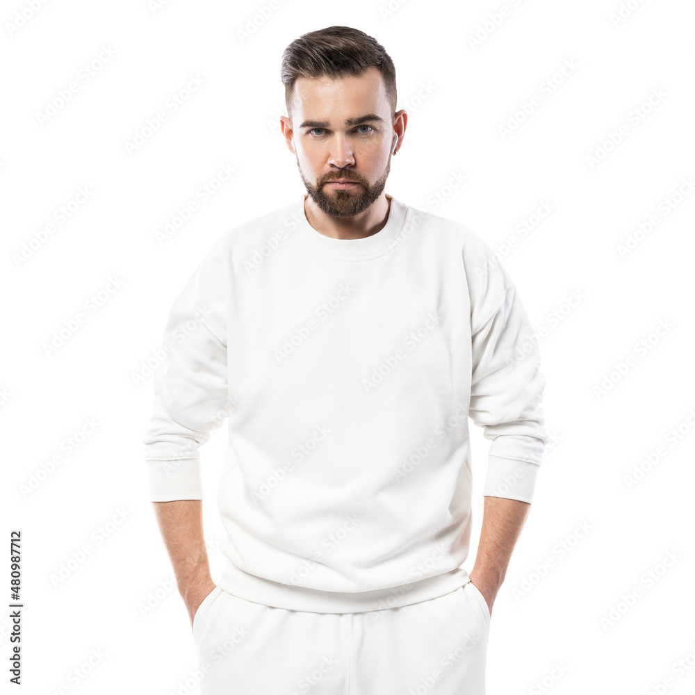 Obraz premium Handsome man wearing blank white sweatshirt on white background