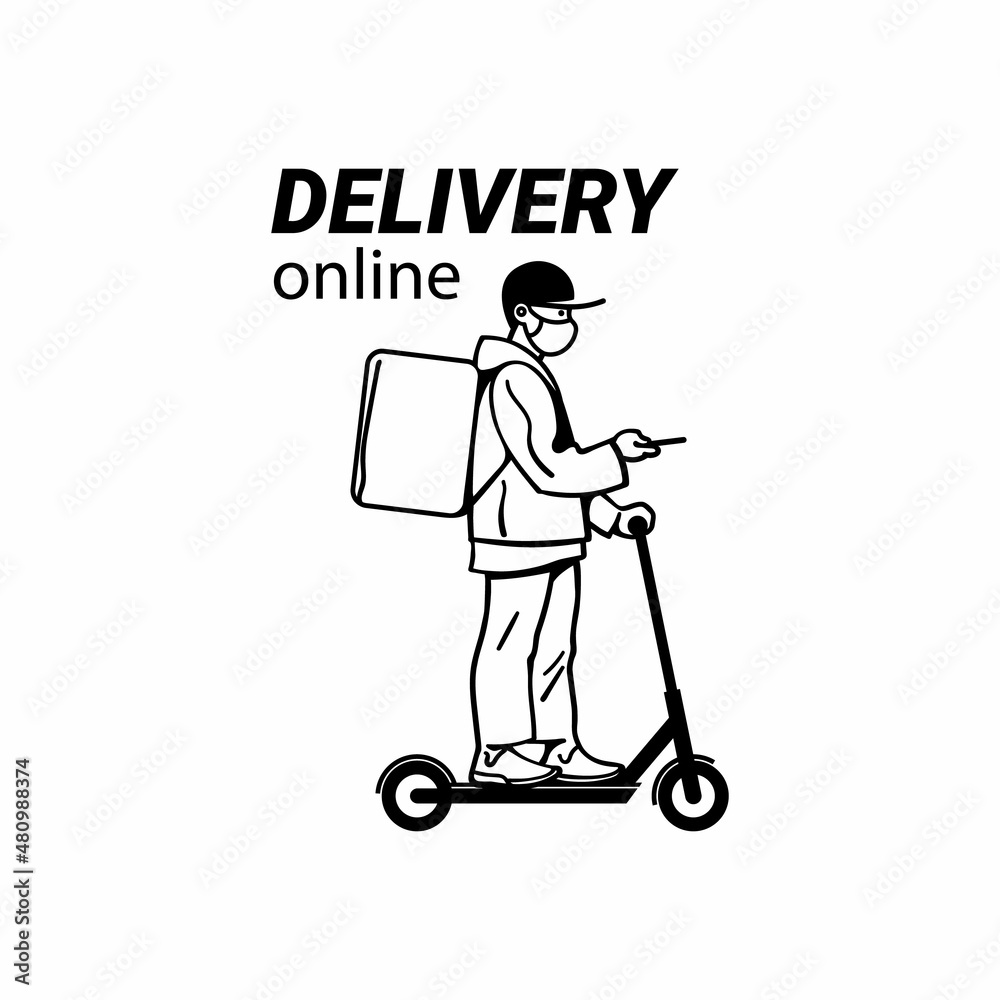Delivery man in face mask riding electric scooter. Courier on kick scooter. Vector illustration.