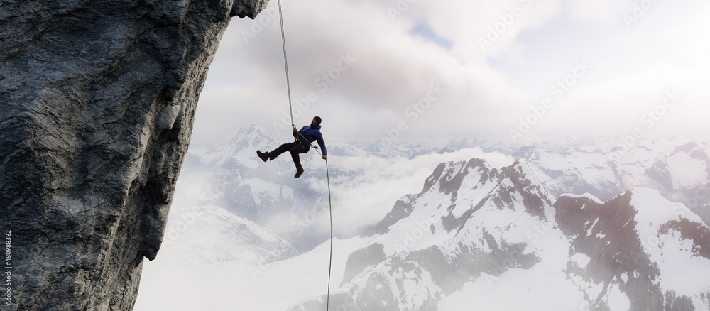 Adult adventurous man rappelling down a rocky cliff. Extreme adventure composite. 3d rendering mountain artwork. Aerial background landscape from British Columbia, Canada.