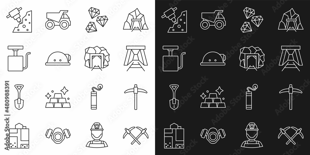 Set line Pickaxe, Mine entrance, Gem stone, Miner helmet, Handle detonator, Construction jackhammer and icon. Vector Set line Pickaxe, Mine entrance, Gem stone, Miner helmet, Handle detonator, Construction jackhammer and icon. Vector