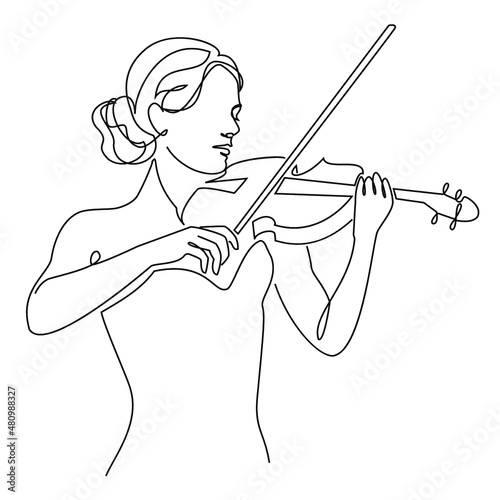 Obraz na płótnie Silhouette of a beautiful woman with a violin in a modern continuous line style