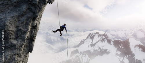 Adult adventurous man rappelling down a rocky cliff. Extreme adventure composite. 3d rendering mountain artwork. Aerial background landscape from British Columbia, Canada.
