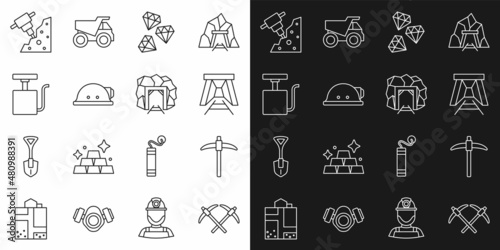 Set line Pickaxe, Mine entrance, Gem stone, Miner helmet, Handle detonator, Construction jackhammer and icon. Vector