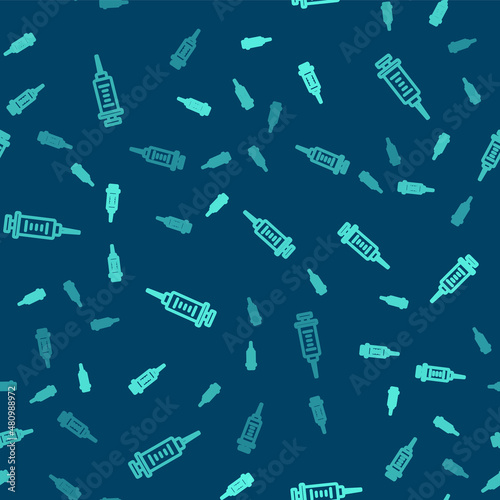 Green line Syringe icon isolated seamless pattern on blue background. Syringe for vaccine, vaccination, injection, flu shot. Medical equipment. Vector