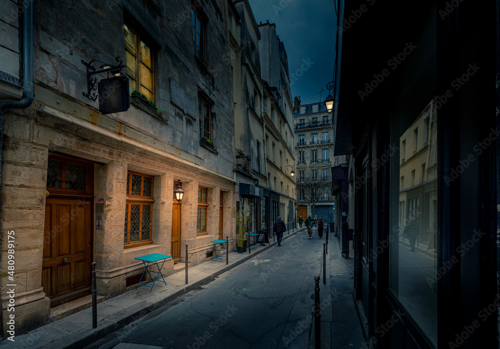 Paris, France - March 3, 2021: Montmorency street: Oldest building in Marais district in Paris