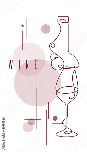 Vertical background with single line drawing of a bottle, wine glass. A continuous line on a white background. Modern design element for wine tasting, menu, wine list, 
restaurant, winery, boutique.