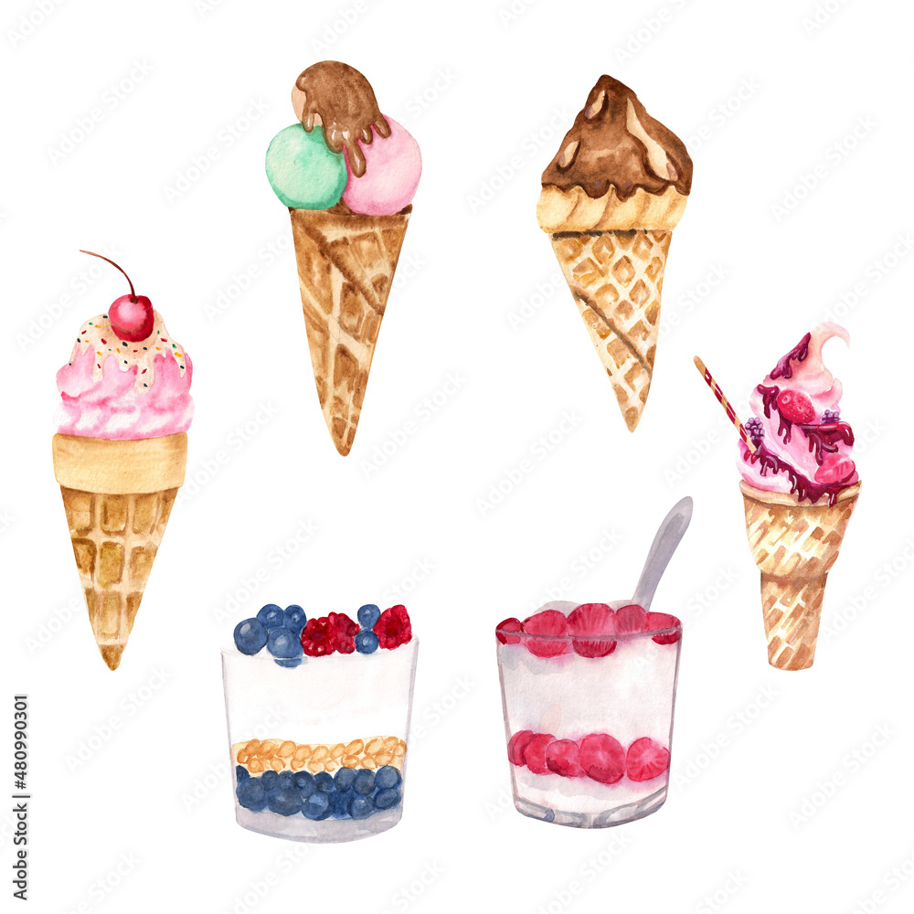 Ice cream watercolor set. Ice cream in waffle cones and glass cups with berries, syrup and chocolate. Set of sweet desserts