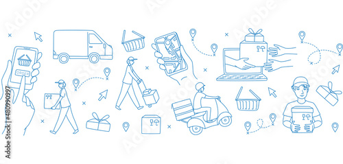 Mobile app courier delivering online shop order seamless pattern.