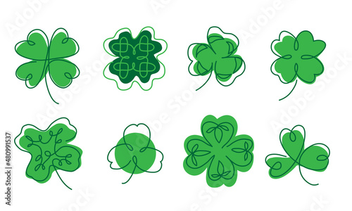 Cloverleaf vector icons set. The sign of fortune and luck for irish st patricks day celebration. One continuous line art drawing of cloverleaf symbol photo