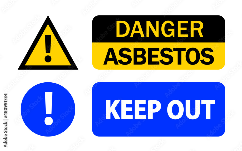 Danger asbestos, keep away. Warning sign on health risk in areas build with this material till it was banned years ago. Danger asbestos, keep away. Warning sign on health risk in areas build with this material till it was banned years ago.