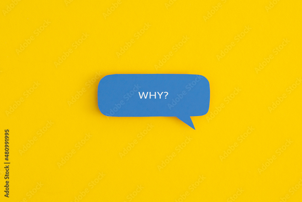 Paper speech bubble with the word "Why" on a yellow background. Top view with copy space. Flat lay. - obrazy, fototapety, plakaty 