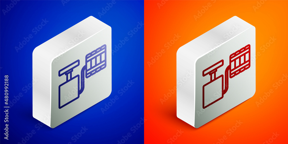 Isometric line Handle detonator for dynamite icon isolated on blue and orange background. Silver square button. Vector Isometric line Handle detonator for dynamite icon isolated on blue and orange background. Silver square button. Vector