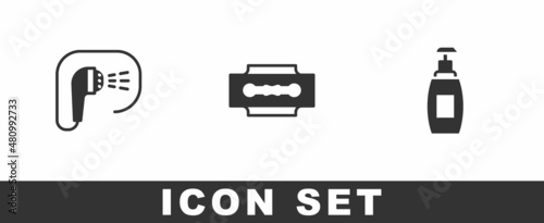 Set Shower, Blade razor and Bottle of liquid soap icon. Vector