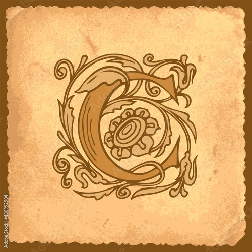 Initial letter C with Baroque decorations on an old paper background in vintage style. Beautiful filigree capital letter C to use for monogram, logo, emblem, greeting card or invitation design