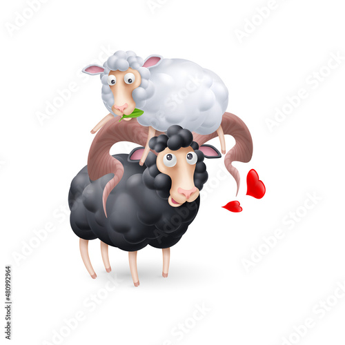 Cute and Funny Two Black and White Sheep Characters in Love. Cartoon Illustration of Pair Lovers Sheeps with Red Hearts on White Background. Perfect Template for Greeting Valentines Day Card