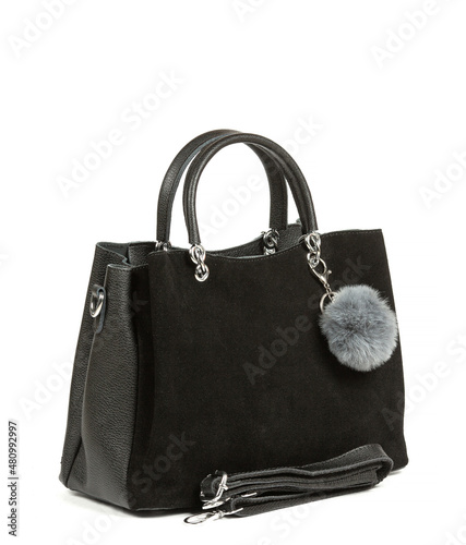Classic fashion black suede leather women's bag on a white background