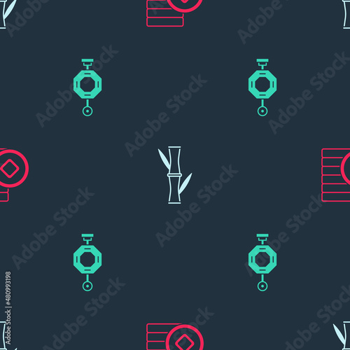 Set Chinese Yuan currency, Bamboo and paper lantern on seamless pattern. Vector