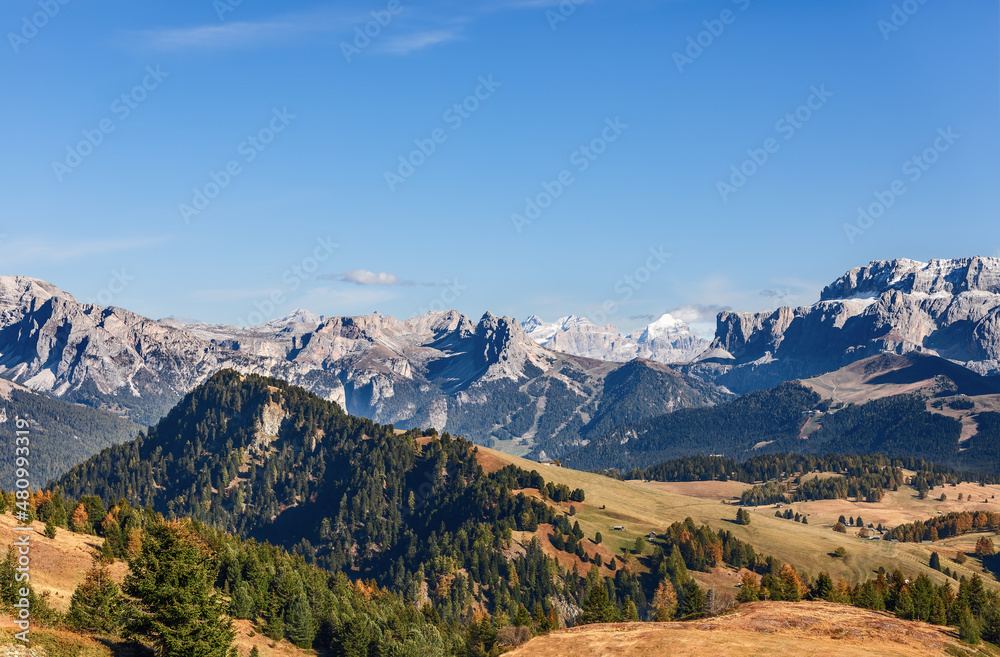 Seiser Alm plateau at the foot of the Langkofel Group mountains (Autumn period)