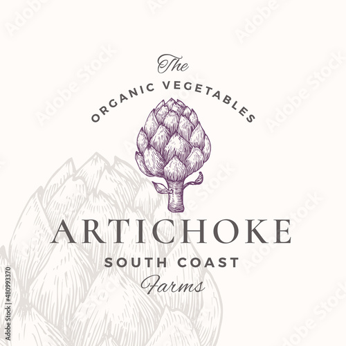Artichoke Badge or Logo Template. Hand Drawn Vegetable Sketch with Retro Typography. Premium Plant Based Vegan Food Emblem. Isolated