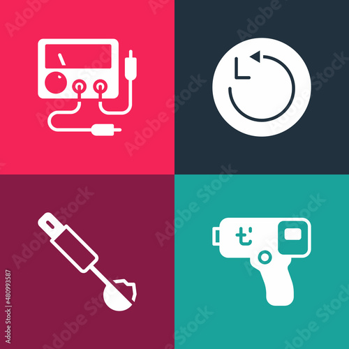 Set pop art Digital thermometer, Measuring spoon, Radius and Multimeter, voltmeter icon. Vector