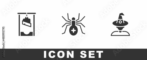 Set Guillotine, Spider and Witch icon. Vector