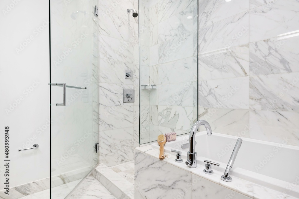 Modern Luxury Bathroom with White Marble Tile Shower Enclosure with ...