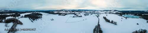 Winterlandschaft, Drohnenaufnahme, Panorama, Winter, Schnee, Landschaft, Luftbild, Luftaufnahme, Sonne, Nebel, Wolken