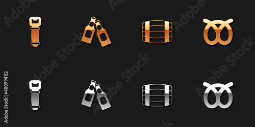 Set Bottle opener, Beer bottle, Wooden barrel and Pretzel icon. Vector