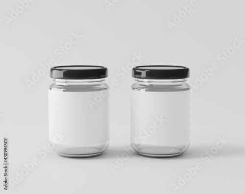 Bottled jam on a white background, glass bottle with label