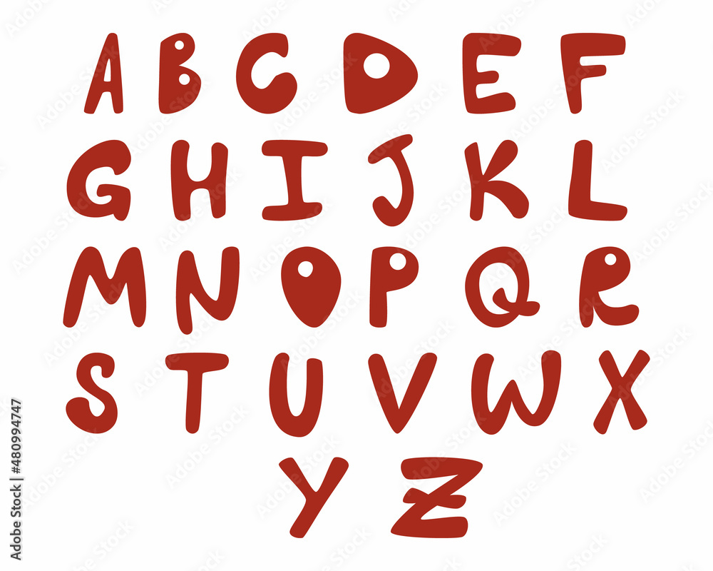 Red English alphabet in doodle style, highlighted on a white background.