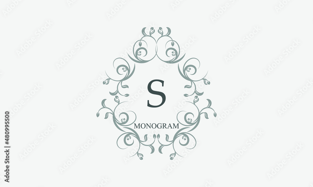 Decorative monogram with the initials S. Logo template with exquisite elements and floral ornaments for restaurants, clubs, boutiques, cafes, hotel cards. Business style and brand of the company. Decorative monogram with the initials S. Logo template with exquisite elements and floral ornaments for restaurants, clubs, boutiques, cafes, hotel cards. Business style and brand of the company.