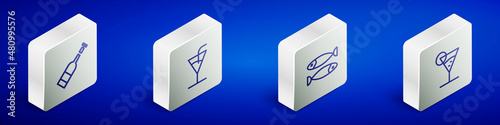 Set Isometric line Opened bottle of wine, Cocktail, Dried fish and Martini glass icon. Vector