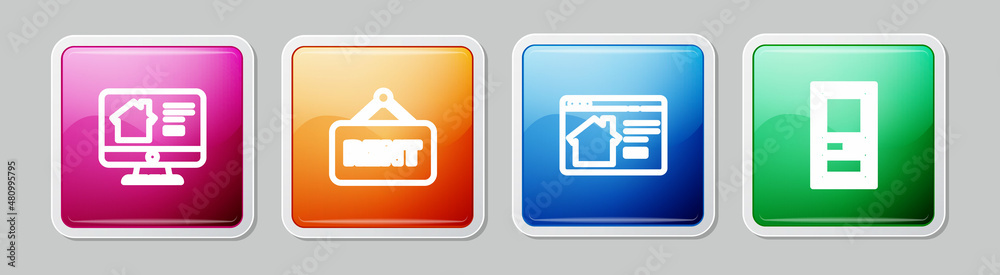 Set line Online real estate house, Hanging sign with Rent, and Closed door. Colorful square button. Vector Set line Online real estate house, Hanging sign with Rent, and Closed door. Colorful square button. Vector
