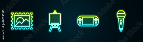 Set line Postal stamp, Easel or painting art boards, Portable video game console and Microphone. Glowing neon icon. Vector