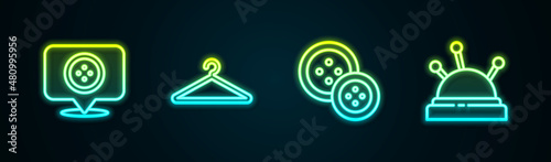 Set line Location tailor shop, Hanger wardrobe, Sewing button and Needle bed and needles. Glowing neon icon. Vector