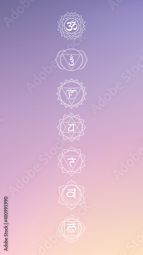 Abstract aerial panoramic view of sunrise gradient mesh with chakras icon set: muladhara, swadhisthana, manipura, anahata, vishuddha, ajna, sahasrara. Illustration of meditation and relaxation.