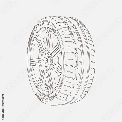 Car tire concept. Wireframe style. Car Wheel Wire Model. Tyre vector sketch illustration. Auto wheel line icons. Hand drawn isolated on background. 