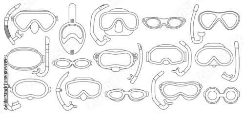 Masks for swimming vector outline set icon. Isolated outline set icon underwater glasses . Vector illustration masks for swimming on white background.
