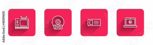 Set line Retro tv, CD or DVD disk, Cinema ticket and Online play video with long shadow. Red square button. Vector