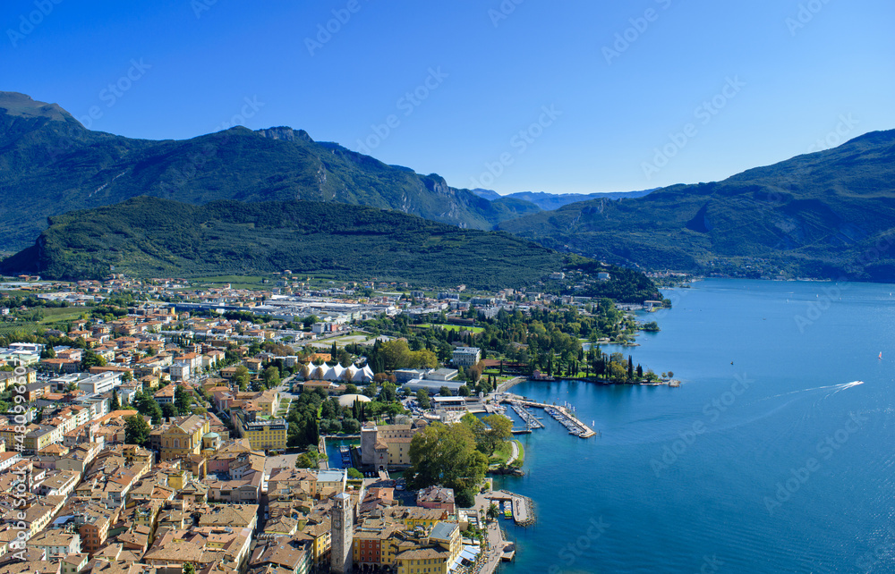 An aerial view of the port city of Riva del Garda in Italy