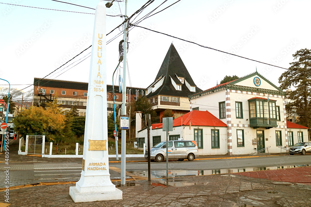 Commemorative Obelisk of the Founding of Ushuaia City with End of the World Museum (Former House of Government) in Ushuaia, Argentina, South America
