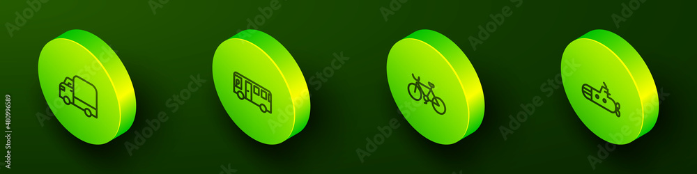 Set Isometric line Delivery cargo truck, Bus, Bicycle and Submarine icon. Vector Set Isometric line Delivery cargo truck, Bus, Bicycle and Submarine icon. Vector