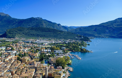 An aerial view of the port city of Riva del Garda in Italy